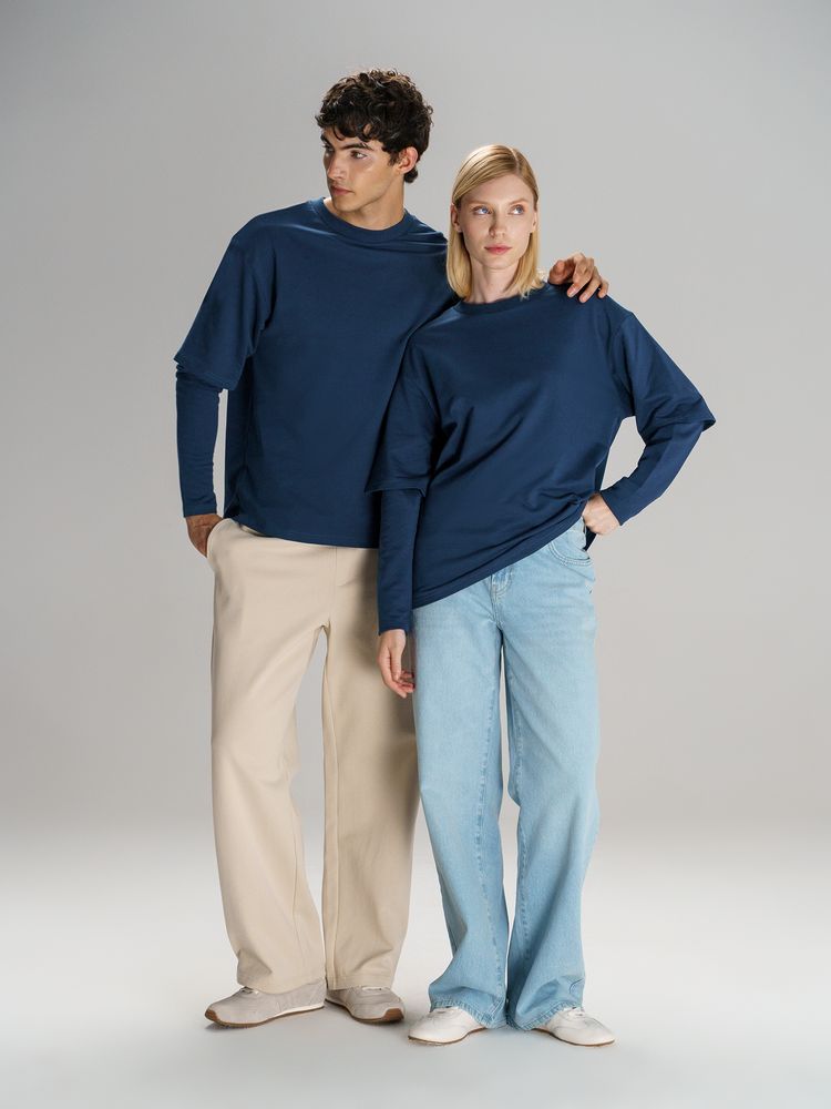 Футболка оверсайз с двойным рукавом Kosmos, темно-синяя / Миниатюра модельного (1000)