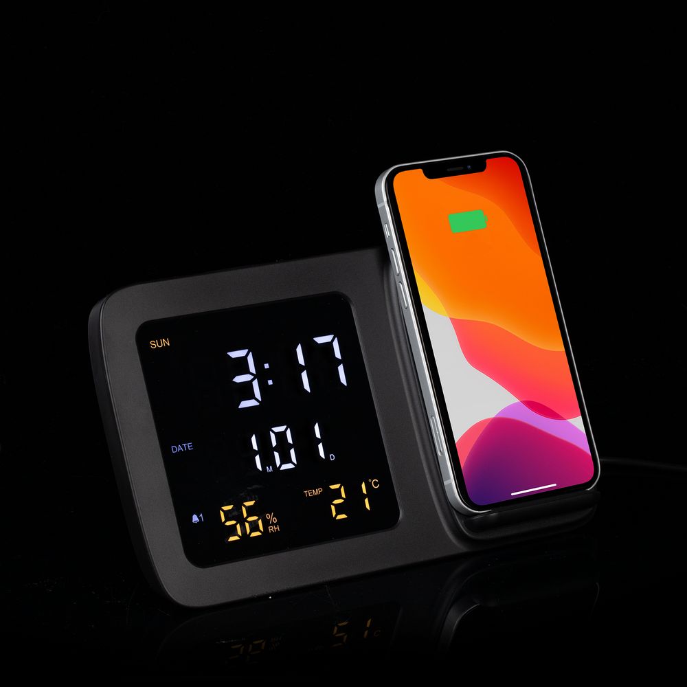 Станция беспроводной зарядки с часами и календарем Novem, черная / Миниатюра WWW (1000)