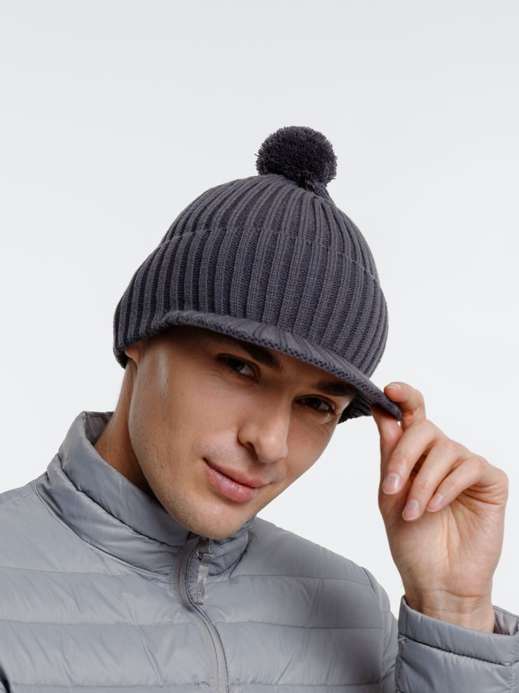 Вязаная шапка с козырьком Peaky, серая (антрацит) / Миниатюра WWW (1000)