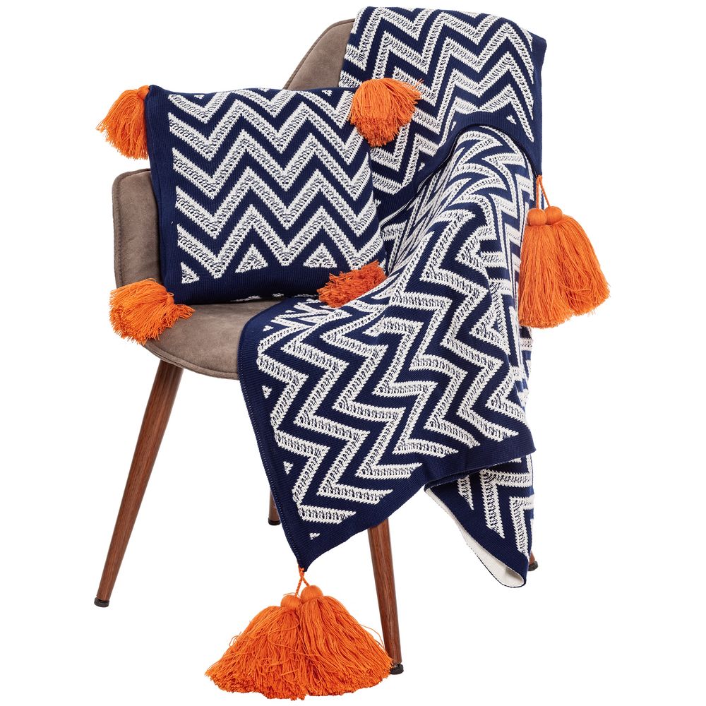 Подушка Levin, сине-белая с оранжевыми кистями / Миниатюра WWW (1000)