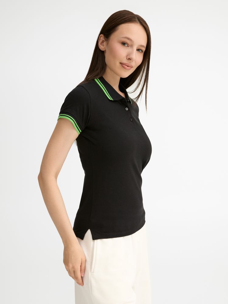 Рубашка поло женская Pasadena Women 200 с контрастной отделкой, черная с зеленым / Миниатюра модельного (1000)