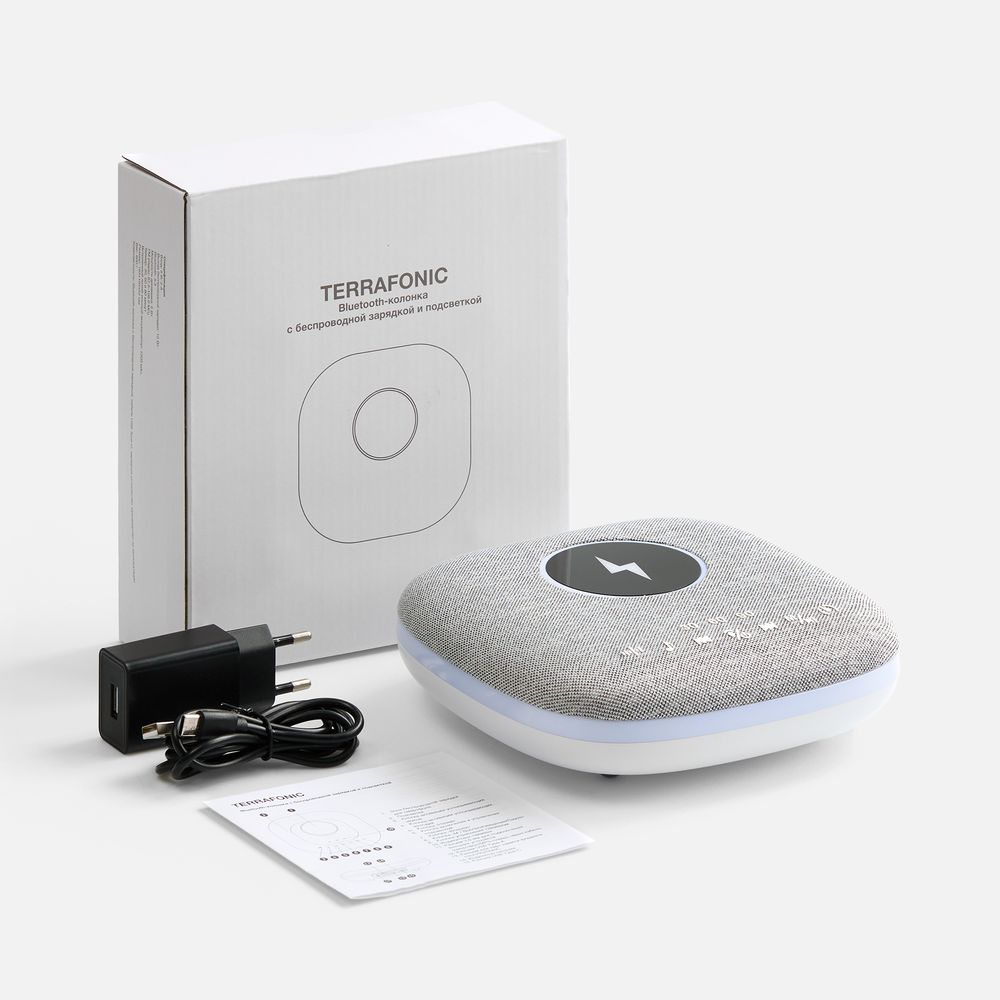 Bluetooth колонка с беспроводной зарядкой и подсветкой Terrafonic, серая / Миниатюра WWW (1000)