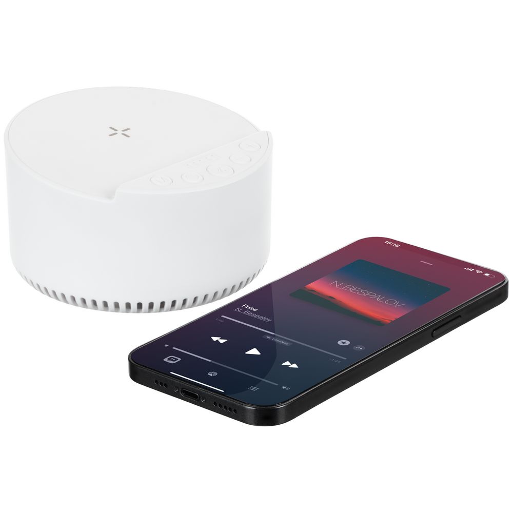 Bluetooth-колонка с беспроводной зарядкой relaxTime, белая / Миниатюра WWW (1000)