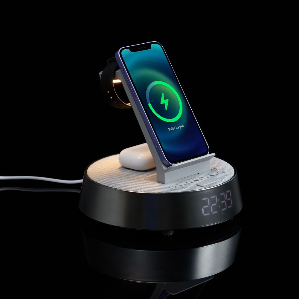 Bluetooth-колонка с беспроводной зарядкой и часами netEnergy, серая / Миниатюра WWW (1000)