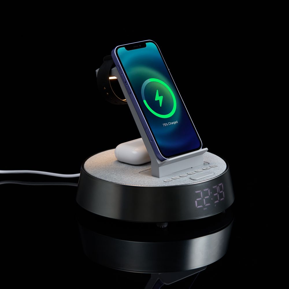 Bluetooth-колонка с беспроводной зарядкой и часами netEnergy, серая / Миниатюра WWW (1000)