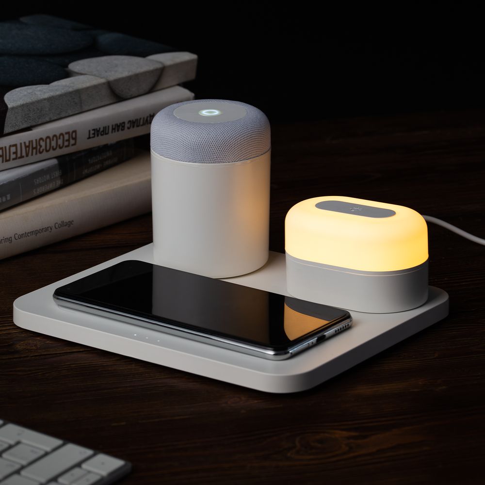 Станция беспроводной зарядки с колонкой и ночником Trilogy, белая / Миниатюра WWW (1000)