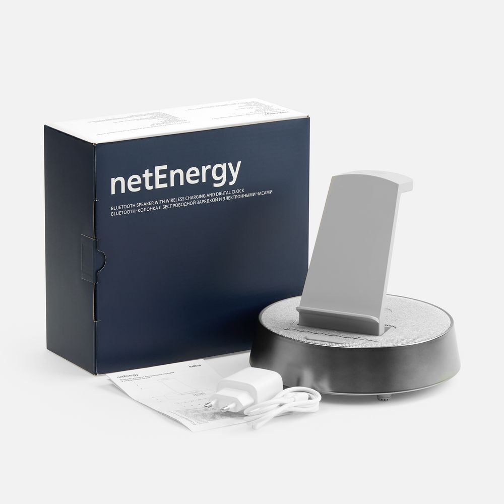 Bluetooth-колонка с беспроводной зарядкой и часами netEnergy, серая / Миниатюра WWW (1000)