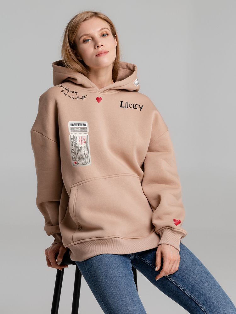 Худи оверсайз с термонаклейками Lucky Strike, бежевое / Миниатюра WWW (1000)