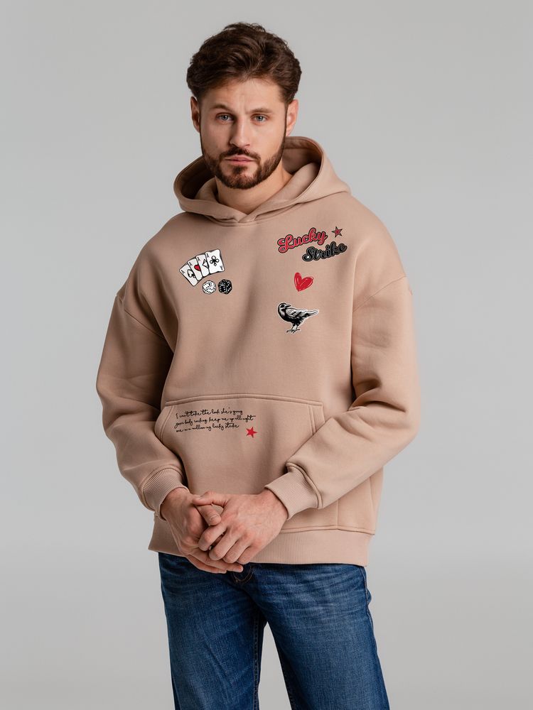 Худи оверсайз с термонаклейками Lucky Strike, бежевое / Миниатюра WWW (1000)