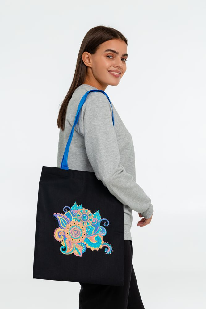 Холщовая сумка «Узор», черная с ярко-синими ручками / Миниатюра WWW (1000)