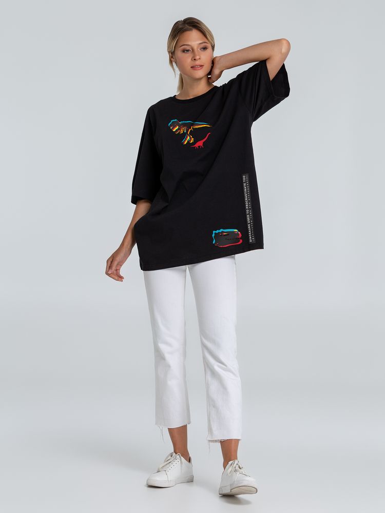 Футболка оверсайз с термонаклейками «Динозавры-прокрастинаторы», черная / Миниатюра WWW (1000)