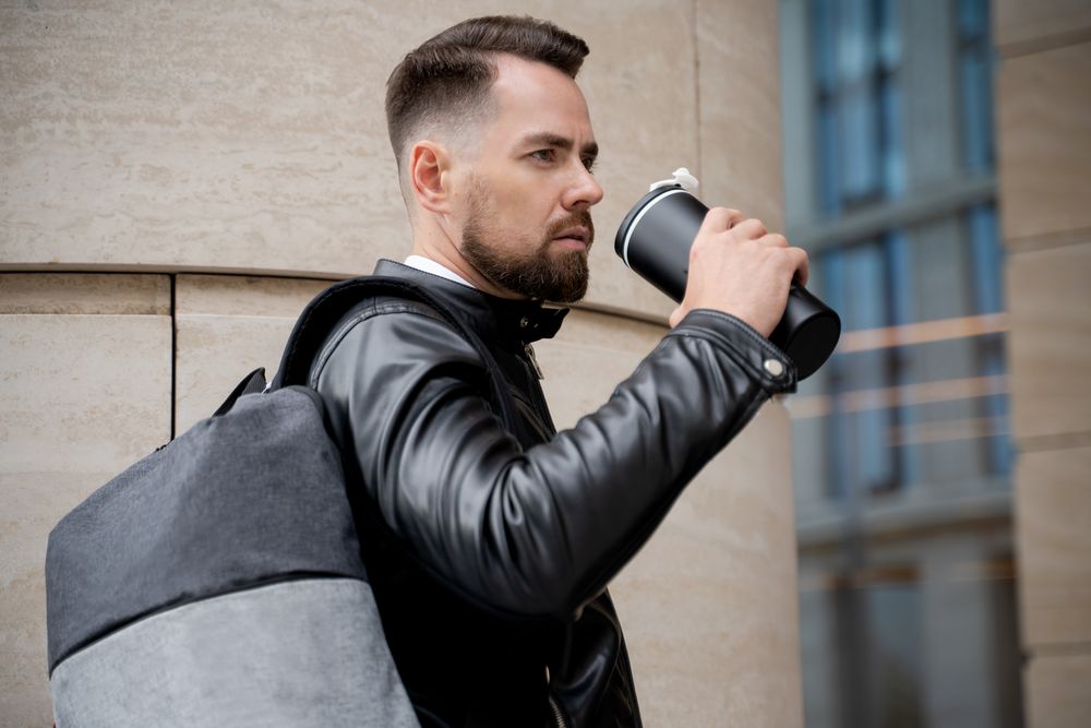 Термостакан Relief, черный с синим, брак коробки / Миниатюра WWW (1000)