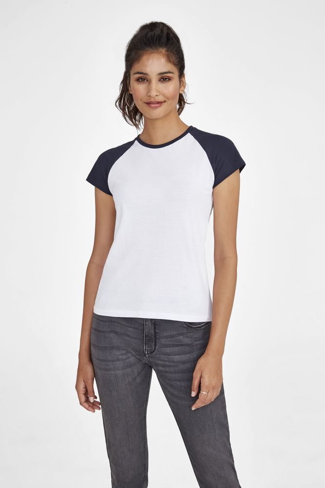 Футболка женская Milky 150, белая с темно-cиним / Миниатюра WWW (1000)